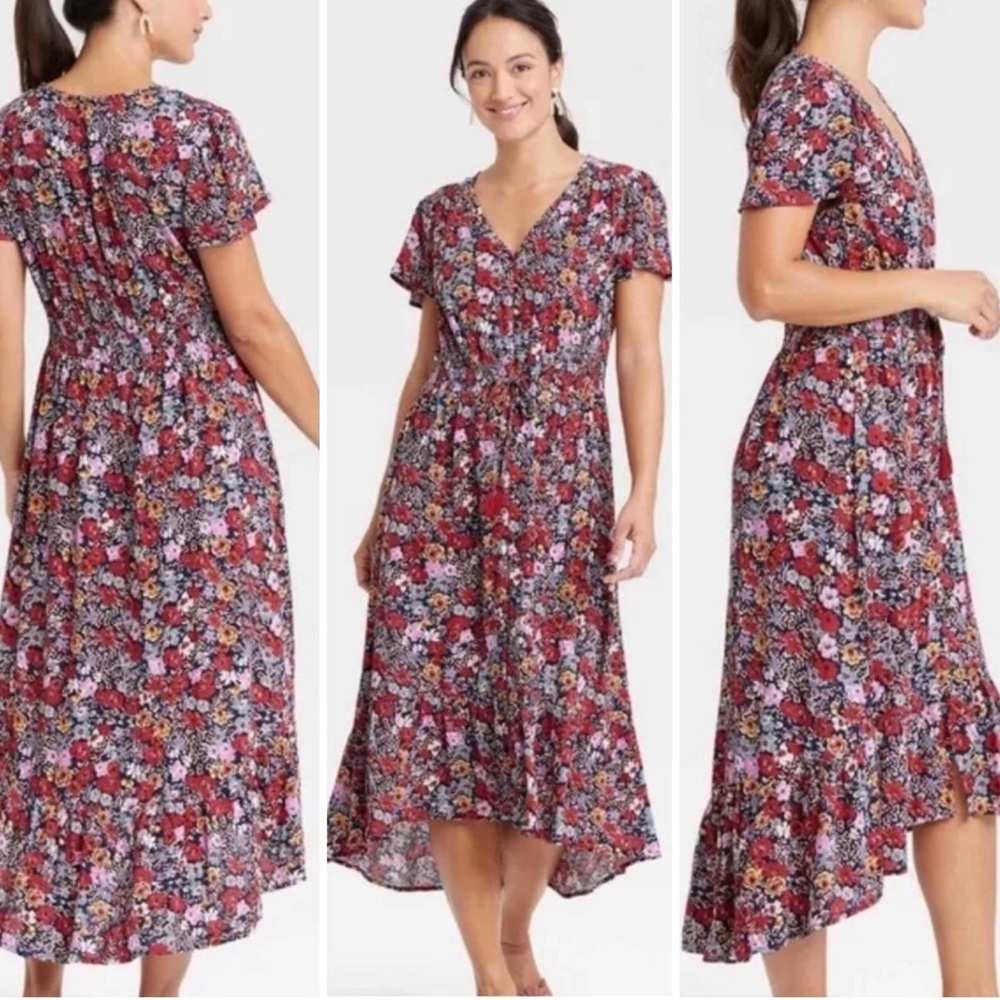 Knox Rose Red Floral High-Low V-Neck Midi Dress